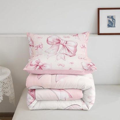 Erosebridal Pink Bow Girls Queen Bedding Set Kawaii Bowknot Comforter Set for Kids Teen Women Bedroom Decor,Glitter Bow Bedding Comforter Sets Dreamy Princess Bowknot Quilt Duvet 2 Pillow Cases