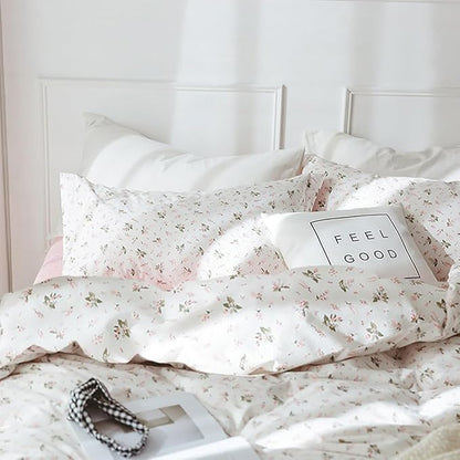 mixinni Girl Floral Full Size Comforter Pink White Flower Leaf Print Bedding Sets, Cute Floral Bedding Comforter Sets for All Seasons-(1 Comforter+2 Pillow Shams)-Full Size