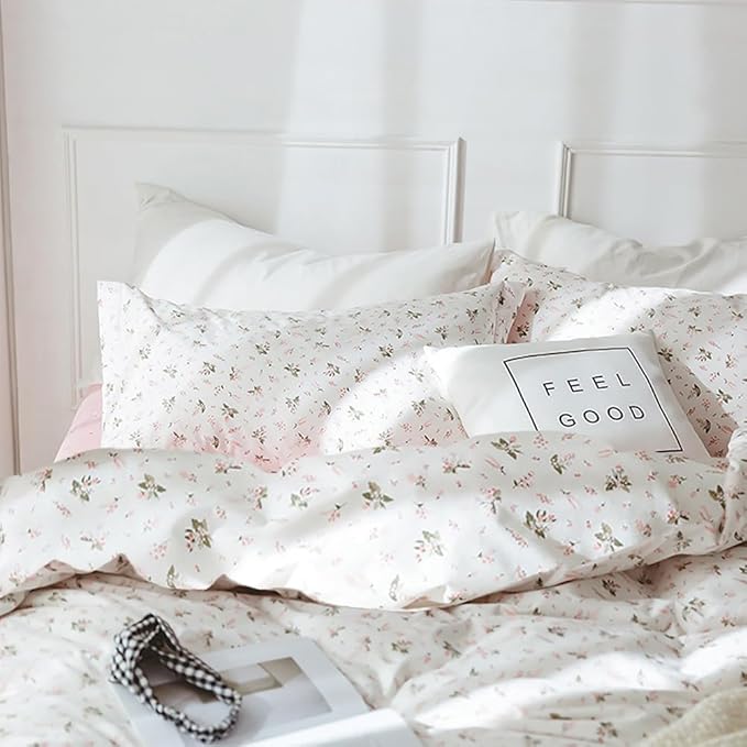 mixinni Girl Comforter Set Twin XL Pink White Flower Leaf Print Bedding Sets, Cute Floral Bedding Comforter Sets for All Seasons-(1 Comforter+2 Pillow Shams)-Twin XL Size