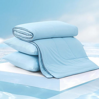 Monbix ChillChilla Cooling Comforter King Size-3 Pieces Cooling Blankets for Hot Sleepers and Night Sweats, Double-Sided Summer King Size Comforter Set, Breathable Lightweight Blanket Blue