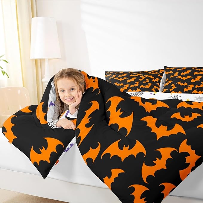 Erosebridal Orange Bat Bedding Set Full Size Halloween Bat Comforter Set Spooky Goth Gothic Animal Bed Sets Horror Halloween Duvet Quilt Sets for Kids Teens Adults