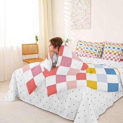 Feelyou Multicolored Checkered Retro Comforter Set with Sheets 7 Piece Twin Size Geometric Cute Bed in a Bag Kids Boys Girls Colorful Bedding Set Modern Groovy Aesthetic Bedroom Decor Breathable Soft
