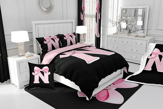 jejeloiu Kawaii Pink Bow King Comforter Set with Sheets,Gifts for Women Teen Girl,Monogrammed 7 Piece Bedding Set,Soft Personalized Initial Letter N Bed in a Bag with Comforter,Sheets,Pillowcases
