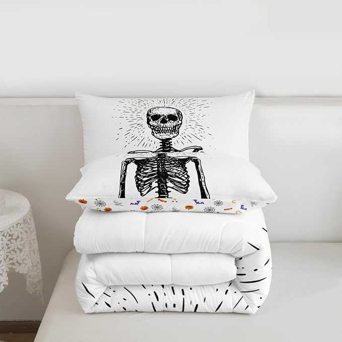 Erosebridal Halloween Skeleton Queen Bedding Set, Gothic Skull Comforter Set for Kids Boys Teens Men Bedroom Decor, Spooky Halloween Comforter, Skull Quilt with 2 Pillowcases