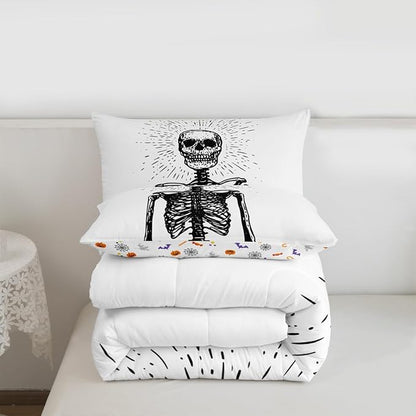 Erosebridal Halloween Skeleton King Bedding Set, Gothic Skull Comforter Set for Kids Boys Teens Men Bedroom Decor, Spooky Halloween Comforter, Skull Quilt with 2 Pillowcases