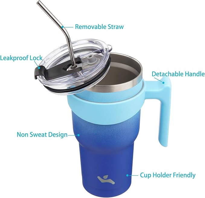 40 oz Tumbler with Handle and 2 Straw 2 Lid, Insulated Water Bottle Stainless Steel Vacuum Cup Reusable Travel Mug,Sky