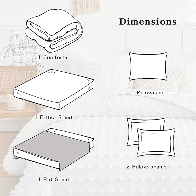 6 Pieces Tufted Dots Bed in a Bag Twin Comforter Set with Sheets White , Soft and Embroidery Shabby Chic Boho Bohemian Comforters, Solid Color with Pom Pom Design, Jacquard Tufts Bedding Set for Kids