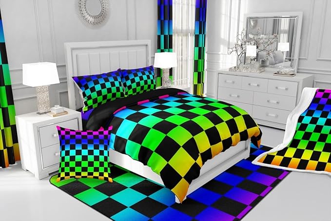 Feelyou Multicolored Checkered Retro Kids Comforter Set Queen Size Geometric Vintage Bedding Set Colorful Duvet Quilt for Kids Boys Girls Bedroom Modern Groovy Aesthetic Decor