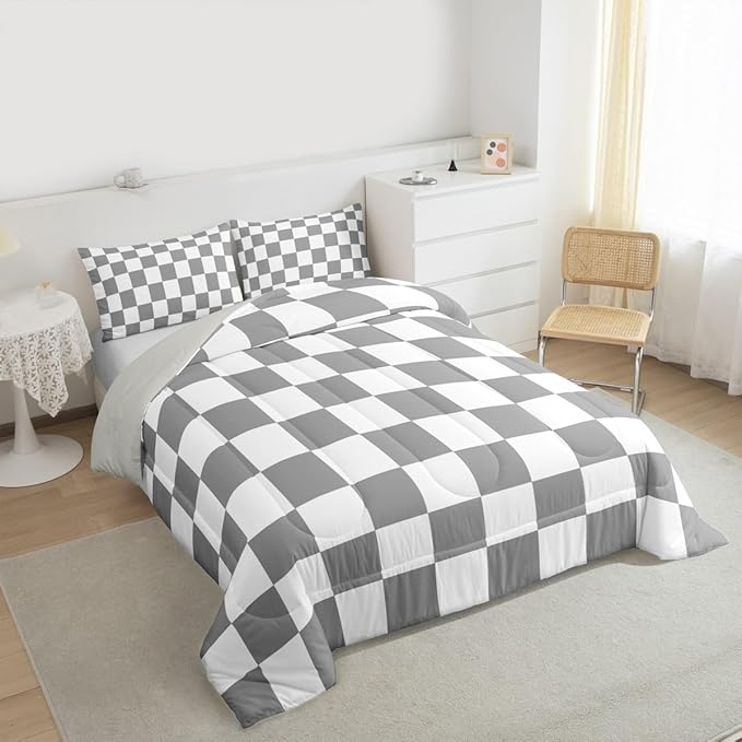 Feelyou Checkered Retro Comforter Set All Season Grey Plaid Bedding Set with 2 Pillow Cases Geometric Vintage Kids King Bedclothes Modern Simple Groovy Aesthetic Bedroom Decor Duvet Quilt