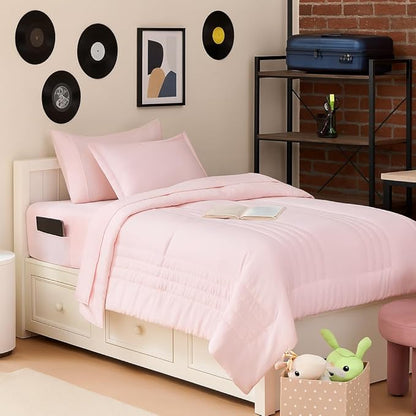 Twin XL Comforter Set College Dorm Bedding Bundle (Twin XL) – Dorm Upgrade with Comforter, Mattress Protector, Sheet Set & Pillow Sham — Stylish Quilted Stripe for Students & Shared Rooms, Pale Pink