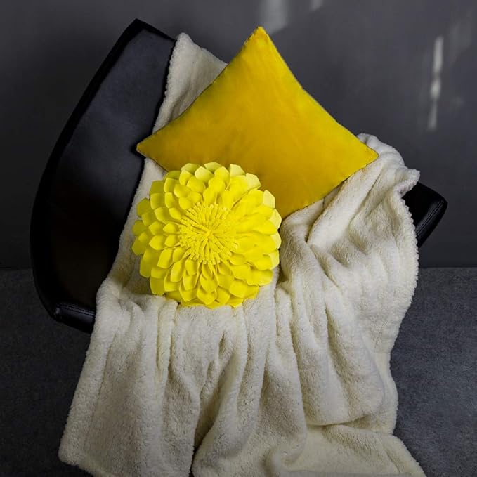 JWH Handmade 3D Flower Pillow Cover Decorative Round Throw Cushion Case Velvet Dahlia Floral Accent for Farmhouse Bed Couch Bedroom Decor 12x12 Inch Bright Yellow
