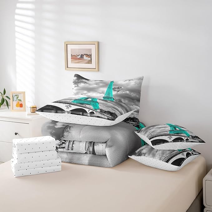 Feelyou Girls Eiffel Tower Comforter Set Full Size 7 Pcs Paris Theme Comforter Bed in a Bag Teal Gray Eiffel Tower Bedding Set for Women Teens Romantic Bed Set with Sheets, Pillowcases, Pillow Covers