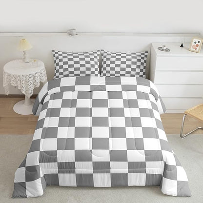 Feelyou Checkered Retro Comforter Set All Season Grey Plaid Bedding Set with 2 Pillow Cases Geometric Vintage Kids Queen Bedclothes Modern Simple Groovy Aesthetic Bedroom Decor Duvet Quilt