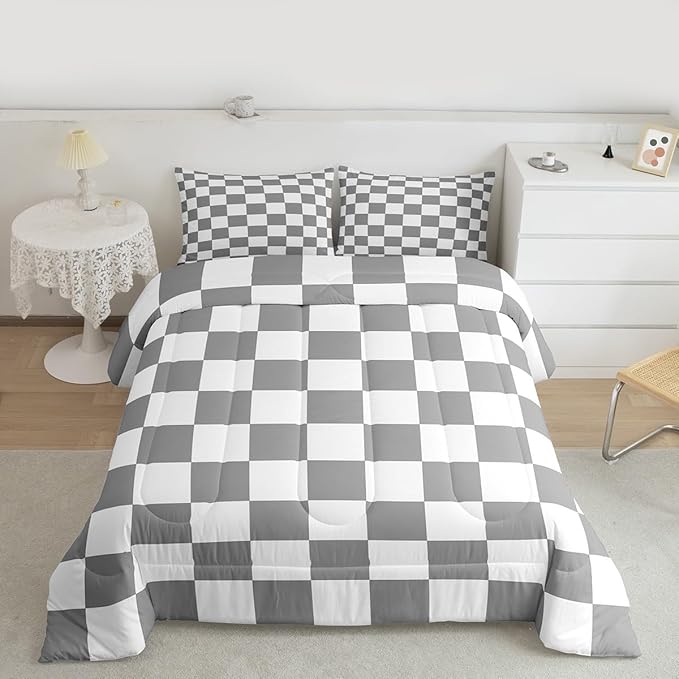 Feelyou Checkered Retro Comforter Set All Season Grey Plaid Bedding Set with 2 Pillow Cases Geometric Vintage Kids King Bedclothes Modern Simple Groovy Aesthetic Bedroom Decor Duvet Quilt
