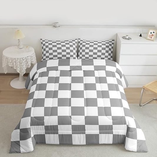Feelyou Checkered Retro Comforter Set All Season Grey Plaid Bedding Set with 1 Pillow Cases Geometric Vintage Kids Twin Bedclothes Modern Simple Groovy Aesthetic Bedroom Decor Duvet Quilt
