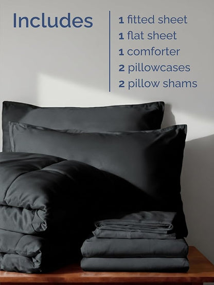 Queen Comforter Set - 7 Piece Bed in a Bag Queen Size Bed Set - Down Alternative Comforter, Flat Sheet, Fitted Sheet, Pillowcase & Shams for All Seasons - Ultra Soft, Cozy, Comfy & Breathable - Black