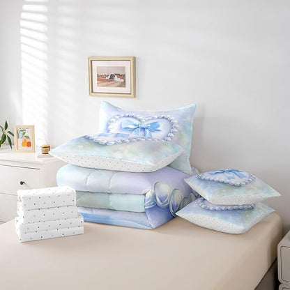 jejeloiu Girls Silk Bow 7 Piece Bedding Set King Size Blue Pearl Comforter Set with Sheets for Kids Women Princess Style Bed in a Bag Blue Ombre Bed Set