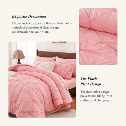Sheet&Joy King Size Comforter Set, 7-Piece Bed in a Bag, Pintuck Bedding Set for All Season, Includes Comforter, Flat Sheet, Fitted Sheet, Pillowcases and Pillowshams, Pink