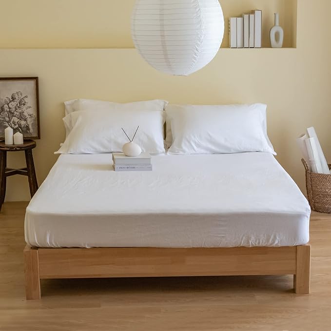 Simple&Opulence Belgian Linen Sheet Set Solid Color - 6 Pieces (1 Flat Sheet & 1 Fitted Sheet & 4 Pillowcases) 16" Deep Pocket Natural Flax Cotton Blended Soft Bedding - White, Queen Size