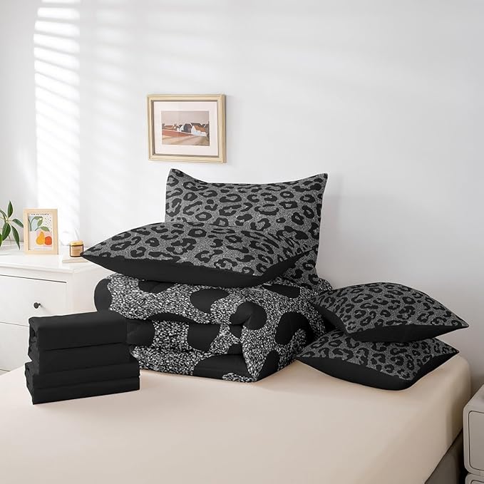 Castle Fairy Leopard Print Twin Size Comforter Set in a Bag 7 Pieces,Wild Animal Skin Bedding Set for Kids,Fashion Ombre Glitter Print(Comforter+Fitted+Flat Sheet+2 Pillowcases+2 Throw Pillow Covers)