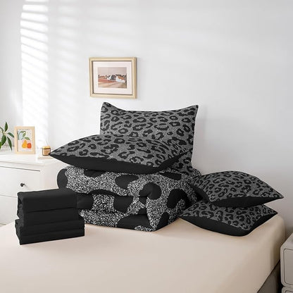 Leopard Print 7 Pieces Comforter Set,Wild Animal Skin Bedding Set Full Size for Room Decor,Fashion Ombre Glitter Print Comforter for Boys Girls Super Soft Fade Resistant Microfiber Bedding