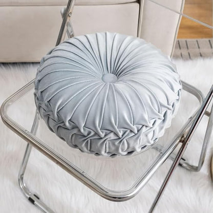 MOCOFO Round Velvet Throw Pillow, Pumpkin Shape Decorative Floor Cushion, Handcrafted Pleated Design, 14 and 16 Inch Diameter, Multiple Colors, Polyester Fill (Gray Blue, 14")