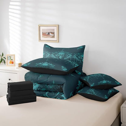 Erosebridal Gothic Comforter Set 7 Piece Bed in a Bag Twin,Goth Sugar Skull Bedding Set,Teal Turquoise Damask Bohemian Vintage Floral Comforter and Sheet Set,Exotic Antique Victorian Baroque Decor