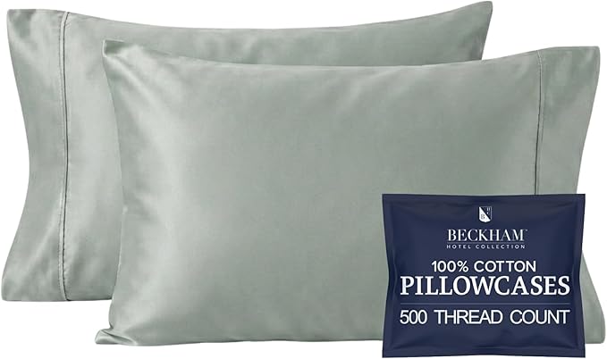 Beckham Hotel Collection 100% Cotton Pillow Cases King Size Set of 2, 500TC, Luxury Sateen Pillowcases, Open End, Breathable, Moisture-Wicking, Aqua Gray