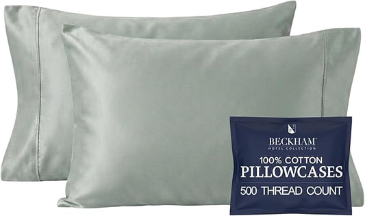 Beckham Hotel Collection 100% Cotton Pillow Cases Standard/Queen Size Set of 2, 500TC, Luxury Sateen Pillowcases, Open End, Breathable, Moisture-Wicking, Aqua Gray