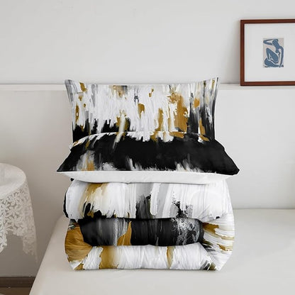 Black & Gray Comforter Set - Full Abstract Watercolor Bedding Set, Gradient Stripe Duvet Set, Graffiti Oil Painting Modern Quilted Comforter for Kids & Teens