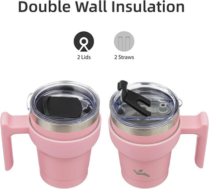 10 oz Tumbler with Handle and 2 Straw 2 Lid, Insulated Water Bottle Stainless Steel Vacuum Cup Reusable Travel Mug, Light Pink