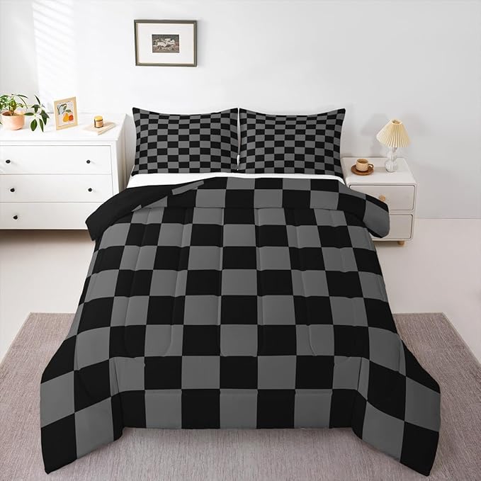 Feelyou Checkered Retro Comforter Set All Season Black Grey Plaid Bedding Set with 2 Pillow Cases Geometric Vintage Kids Queen Bedclothes Modern Simple Groovy Aesthetic Bedroom Decor Duvet Quilt