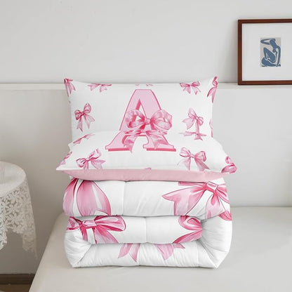 Erosebridal Initial Letter A Comforter Set Pink Bow Girls Queen Bedding Set Kawaii Girly Bowknot Bedding Comforter Sets Princess Style Romantic Bow Bed Set for Kids Teen Women