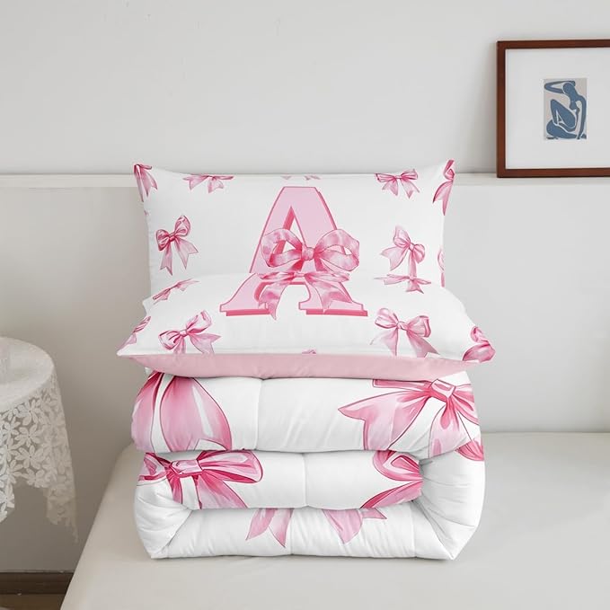 Erosebridal Initial Letter A Comforter Set Pink Bow Girls Full Bedding Set Kawaii Girly Bowknot Bedding Comforter Sets Princess Style Romantic Bow Bed Set for Kids Teen Women