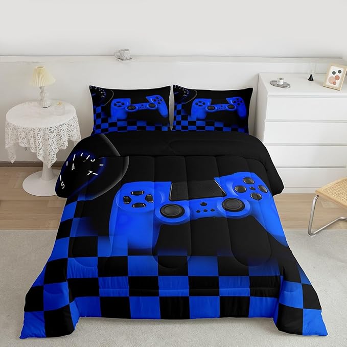 Erosebridal Gamer Bedding Set for Boys&Girls,Blue Buffalo Plaid Check Gaming Comforter Set King Size Gamer Room Decor Gift,Gamepad Alternative Duvet Insert,Gamer Quilt Set with 2 Pillowcases Soft