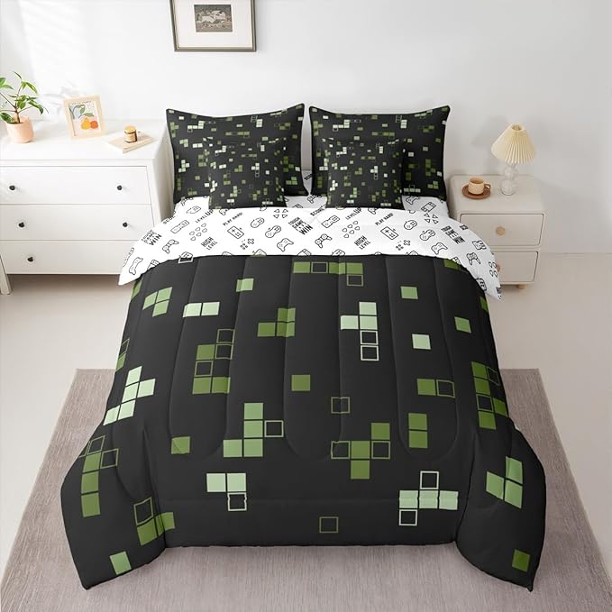 Game 7Pcs Comforter Set King Size,Construction Themed Bedding Sets for Kids Boys Teens Room Decor,Army Green Black Gaming Bed in a Bag Cartoon Fitted Sheet Flat Sheets,4 Throw Pillow Covers