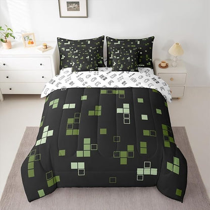 Game 7Pcs Comforter Set King Size,Construction Themed Bedding Sets for Kids Boys Teens Room Decor,Army Green Black Gaming Bed in a Bag Cartoon Fitted Sheet Flat Sheets,4 Throw Pillow Covers