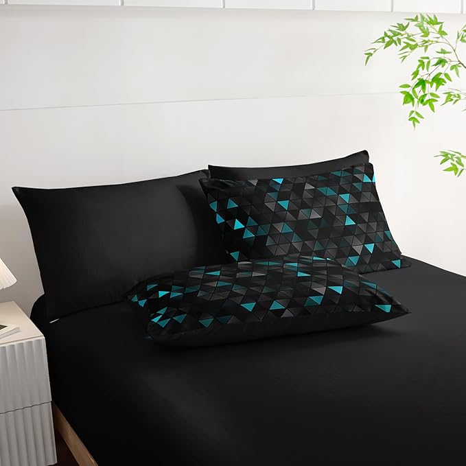 Geometric Turquoise Black Triangle Full Comforter Set, Light Honeycomb Bedding Set 7 Piece in A Bag,Bed Sheet Set Geometry Decor,Microfiber Lightweight All Season