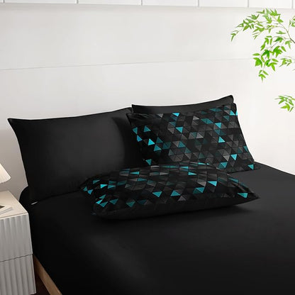 Geometric Turquoise Black Triangle Full Comforter Set, Light Honeycomb Bedding Set 7 Piece in A Bag,Bed Sheet Set Geometry Decor,Microfiber Lightweight All Season