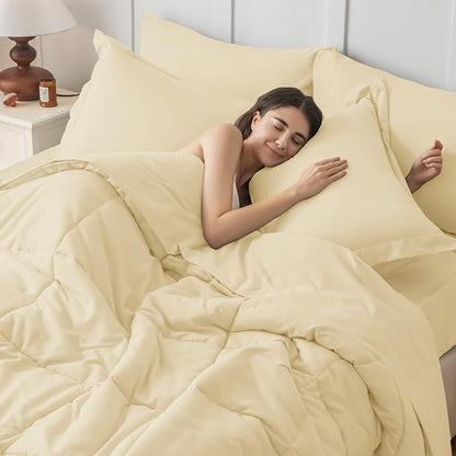 JOLLYVOGUE King Comforter Set, Ultra-Soft Bed in a Bag King Size 7 Pieces, Oeko-TEX Certified Bedding Set with Down Alternative Comforter, Sheets, Pillowcases & Shams, Light Yellow