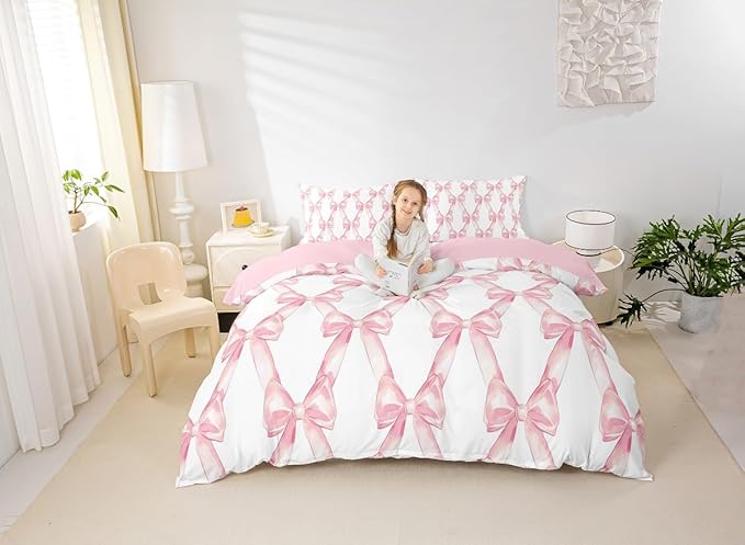 Erosebridal Ribbon Bow Bedding Set for Kids Girls Teen Women,Pink Girly Bowknot Bedding Comforter Sets Full Cute Fantasy Princess Comforter Set Kawaii Bow Tie Bed Duvet Set 2 Pillow Cases