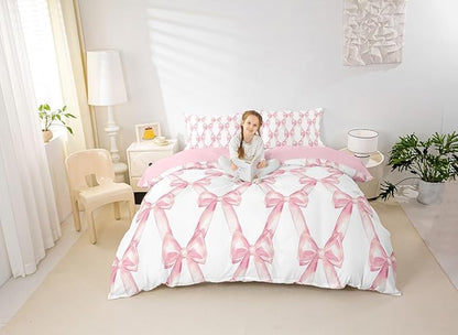 Erosebridal Ribbon Bow Bedding Set for Kids Girls Teen Women,Pink Girly Bowknot Bedding Comforter Sets Toddler Cute Fantasy Princess Comforter Set Kawaii Bow Tie Bed Duvet Set 1 Pillow Case