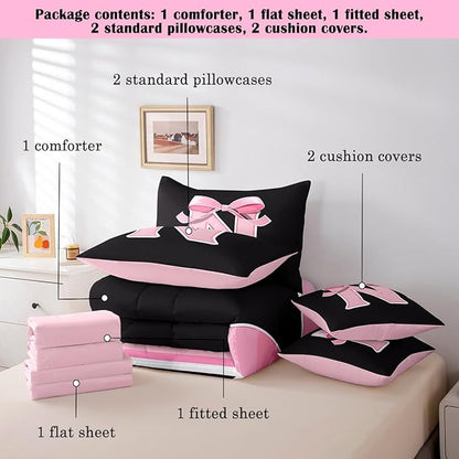 jejeloiu Kawaii Pink Bow King Comforter Set with Sheets,Gifts for Women Teen Girl,Monogrammed 7 Piece Bedding Set,Soft Personalized Initial Letter N Bed in a Bag with Comforter,Sheets,Pillowcases