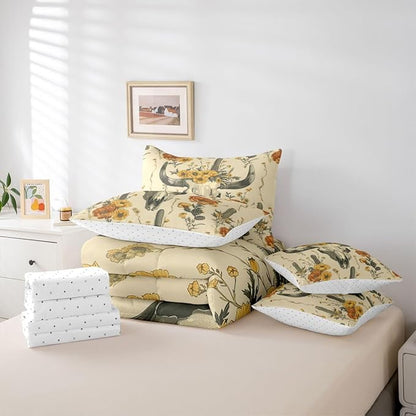 Erosebridal Bull Skull Bed in A Bag Queen | Cactus Tropical Vintage Floral 7 Piece Comforter Set Ancient Mysterious Flower Sheet Set Boho Tribal Symbol Fitted Sheet Breathable Lightweight