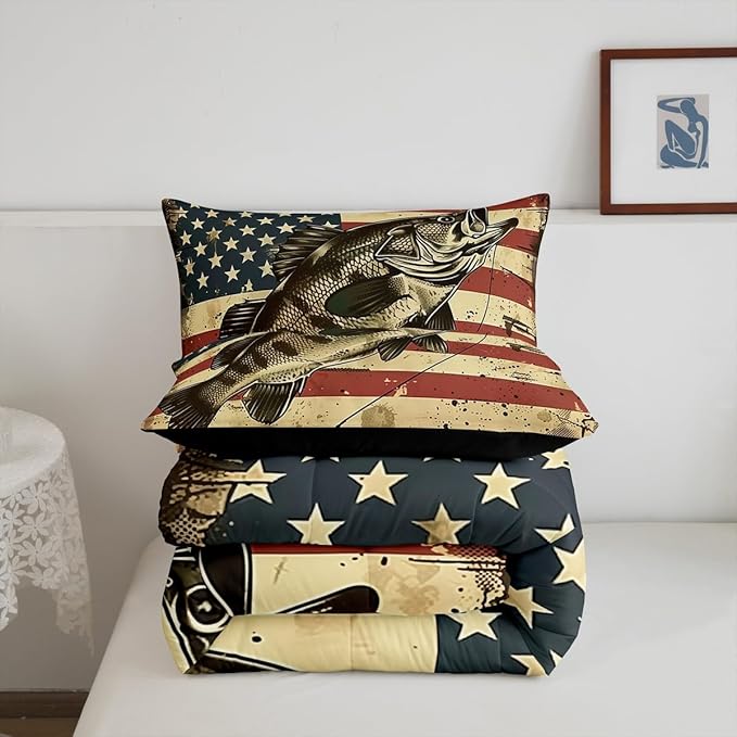 Erosebridal Bass Fishing King Comforter Set,Vintage American Flag Bedding Sets for Kids Boys Men,Big Pike Fish Quilt Bed Set,Rustic Cabin Lake House Bedroom Decor,2 Pillowcases Breathable