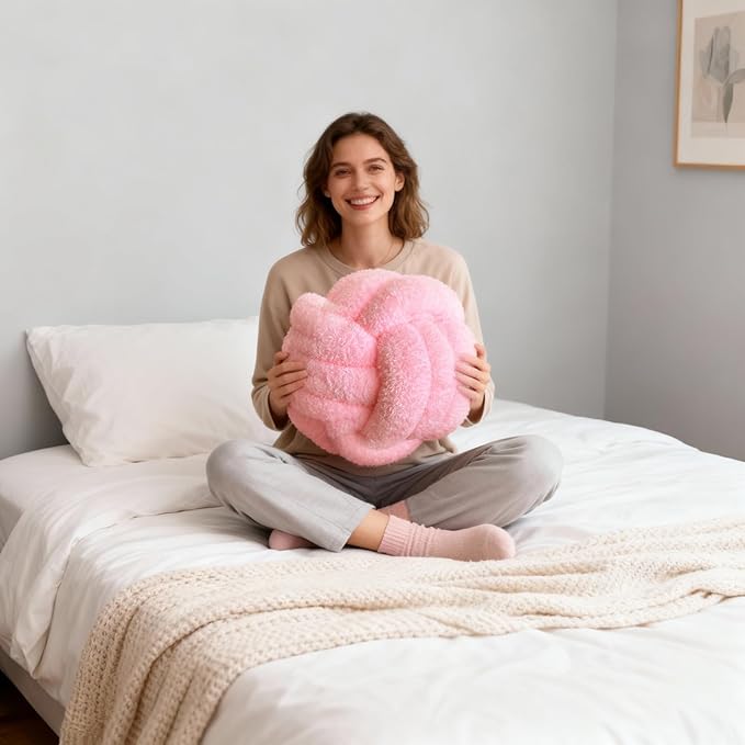 Knot Pillow Ball Plush - Decorative Throw Pillows for Bed Relieve Stress, Round Knot Cushion for Sofa Decor Pet Toy, Pink 12 inch