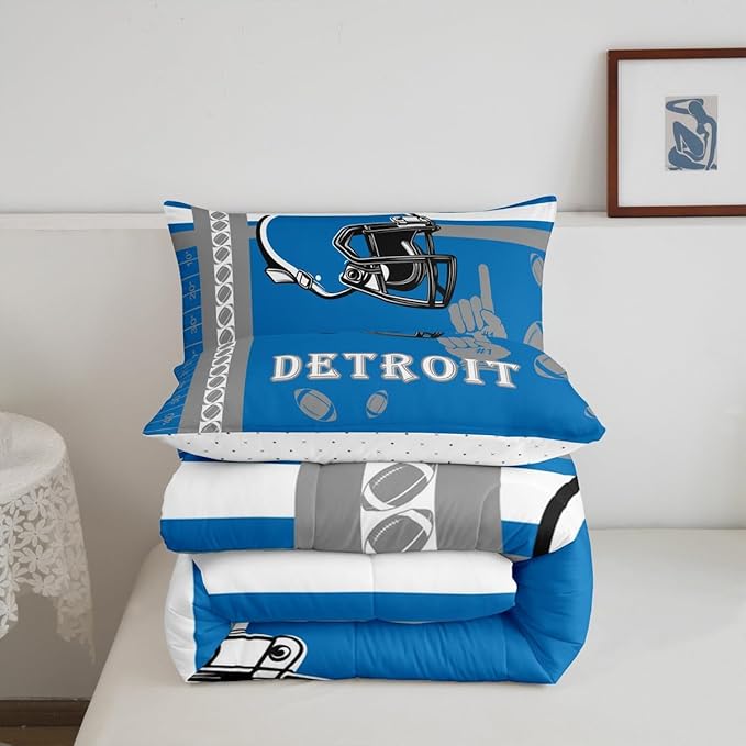 Feelyou Football Bedding Set Boys Girls King Size Rugby Sports Comforter Set Sports Theme Women Men Football City Duvet Quilt Gray Blue Room Decor