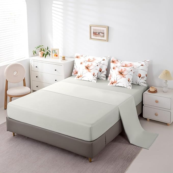 Erosebridal Boho Floral Queen Comforter Set with Sheets, Orange Flower 7 Pieces Bedding Set for Young Women Girls, Watercolor Flower Artistic Bed in A Bag, Ink Painting Style Blossom & Leaf Bed Sets
