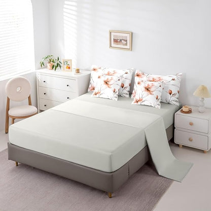 Erosebridal Boho Floral Queen Comforter Set with Sheets, Orange Flower 7 Pieces Bedding Set for Young Women Girls, Watercolor Flower Artistic Bed in A Bag, Ink Painting Style Blossom & Leaf Bed Sets