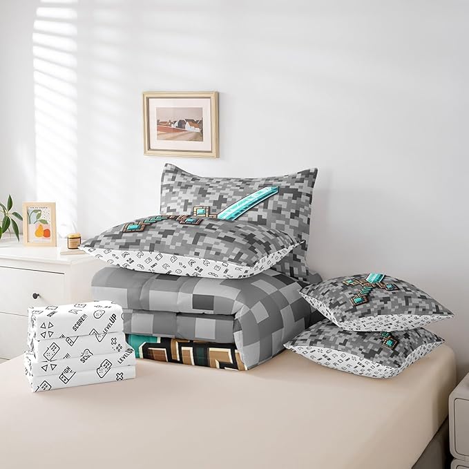 Cartoon Sword 7Pcs Comforter Set Queen Size,Pixelated Themed Games Bedding Set,Blue Sandbox Block Fitted Flat Sheet for Kids Boys Teens Men Room Decor,Grey Check Camo 2 Throw Pillow,2 Pillowcases